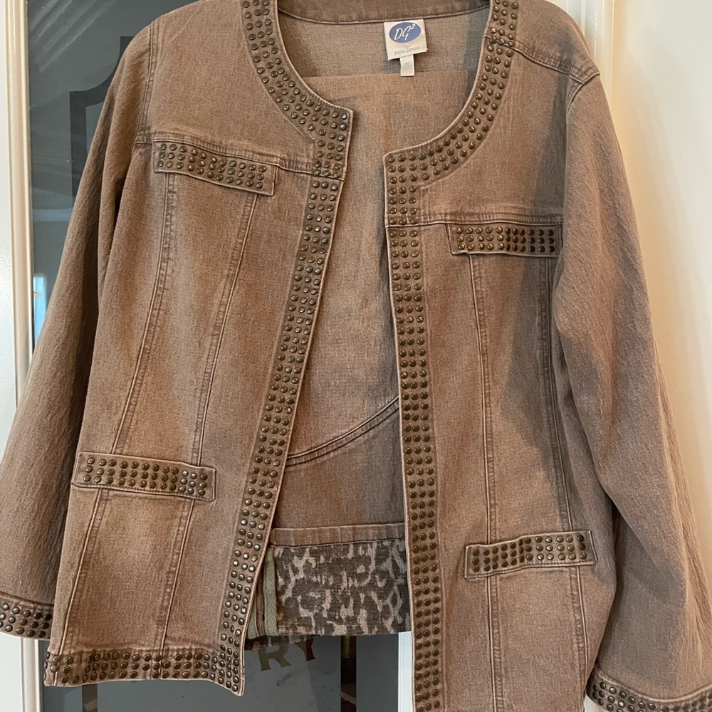 Diane Gilman Taupe Studded Jean Jacket and pant suit size 16W
